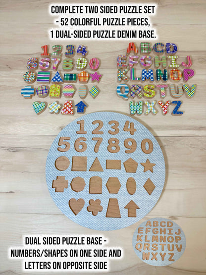 ABC-123 FlipCraft Round 13" Solid Wood Puzzle, Dual-Sided, 26 Letters, 0-9 and 16 Shapes, Demin