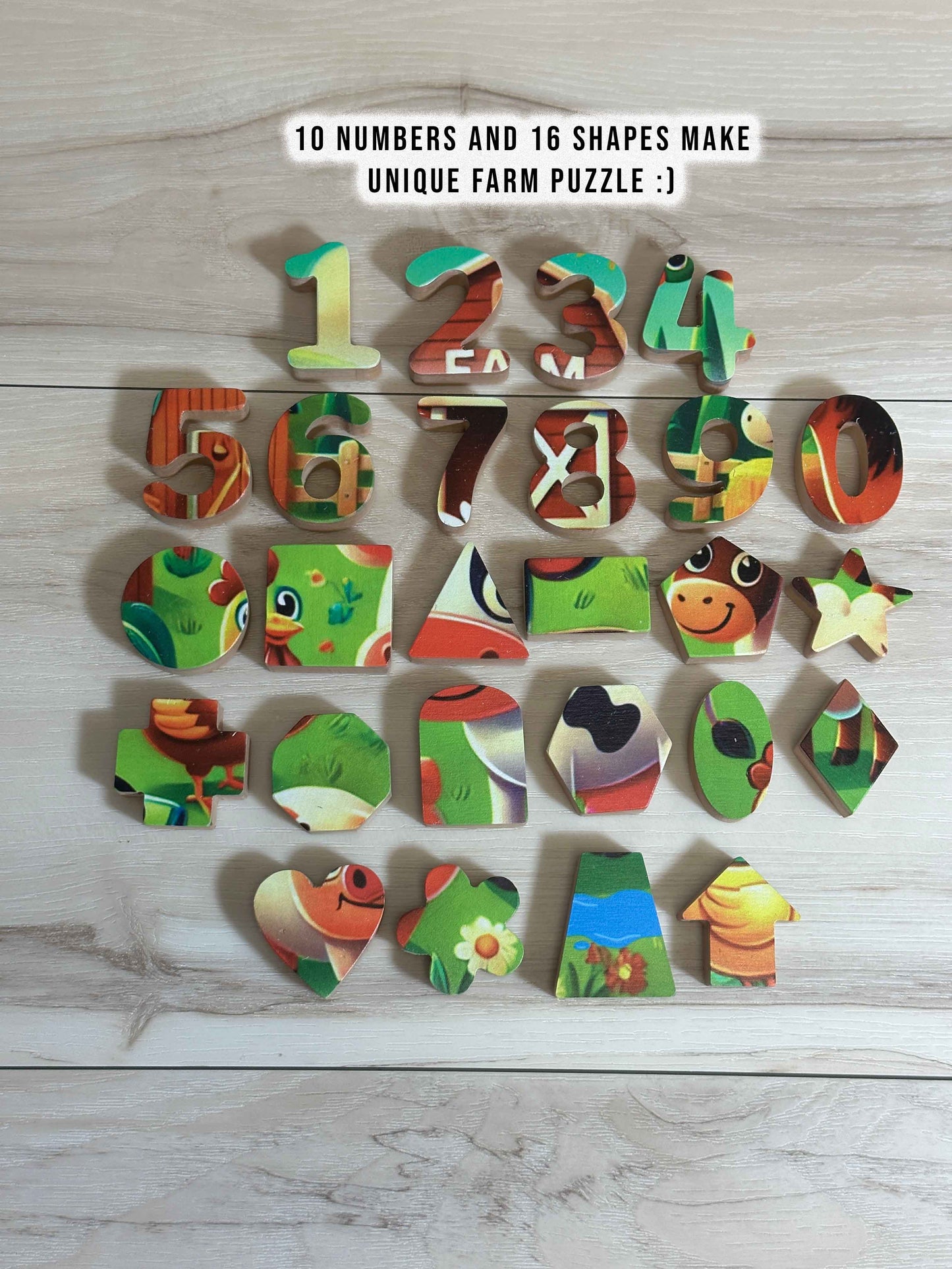 ABC-123 FlipCraft Round 13" Solid Wood Puzzle, Dual-Sided, 26 Letters, 0-9 and 16 Shapes, Safari/Farm Theme