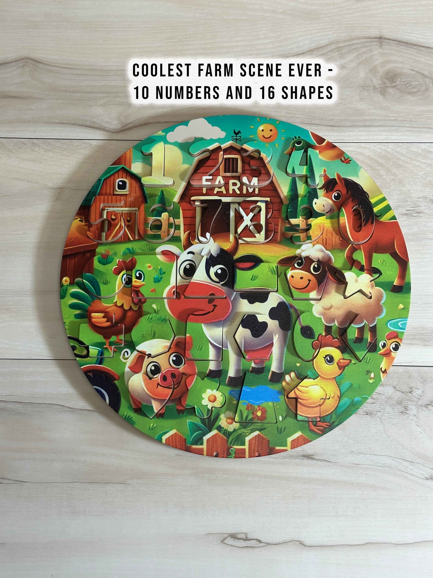 ABC-123 FlipCraft Round 13" Solid Wood Puzzle, Dual-Sided, 26 Letters, 0-9 and 16 Shapes, Safari/Farm Theme