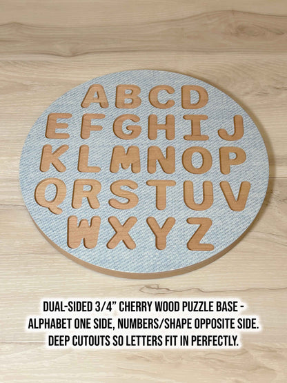 ABC-123 FlipCraft Round 13" Solid Wood Puzzle, Dual-Sided, 26 Letters, 0-9 and 16 Shapes, Demin