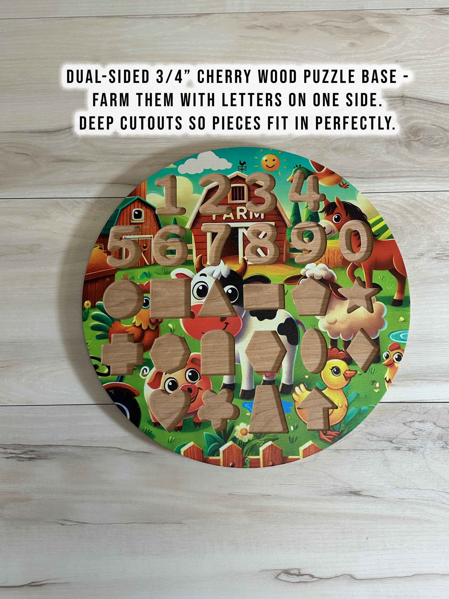 ABC-123 FlipCraft Round 13" Solid Wood Puzzle, Dual-Sided, 26 Letters, 0-9 and 16 Shapes, Safari/Farm Theme