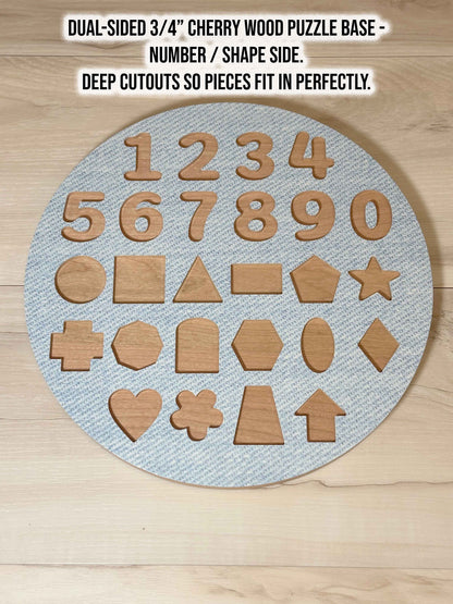 ABC-123 FlipCraft Round 13" Solid Wood Puzzle, Dual-Sided, 26 Letters, 0-9 and 16 Shapes, Demin