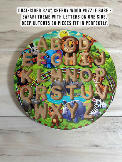 ABC-123 FlipCraft Round 13" Solid Wood Puzzle, Dual-Sided, 26 Letters, 0-9 and 16 Shapes, Safari/Farm Theme